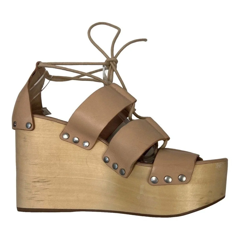 Loeffler Randall Ines Nude Lace Up Platform Wood Heel Sandals 9 Gladiator